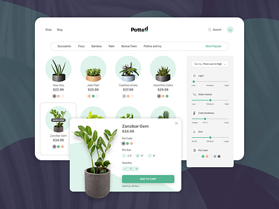 Potted - Category Page checkout clean customization ecommerce filters modal plants potted potted plants products quick view simple sliders succulents tablet