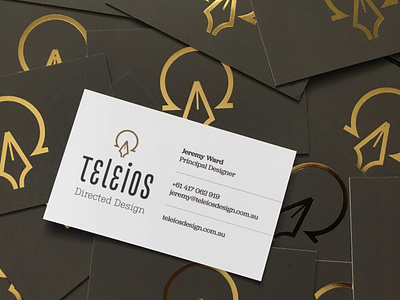Teleios Design Business Card alpha branding business card gold foil logo omega pen stationery symbolism
