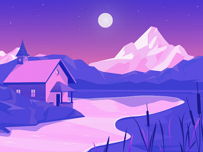 Landscape Illustration charachter colorful illistration lake landscape moon style