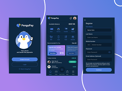 PenguPay - A Parody, App Redesign app blue dark login mobile payment penguin ui ux