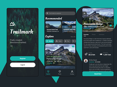 (Design Feedback) Trailmark - Hiking / Trail Application app concept dark design exploration hike hiker hiking mobile mode mountain trail trekking ui ux