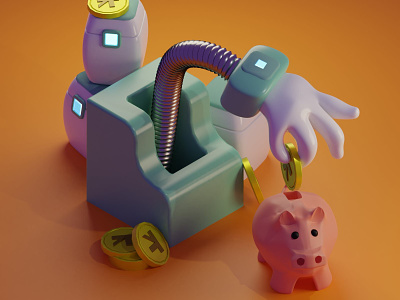 Savings Automation 3d art bank blender blender3d coins create design illustration inspiration isometric mobile pig piggy practice robot robotics save saving web