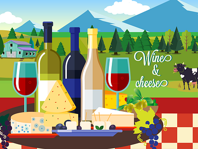 Countryside Wine and Cheese illustration