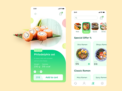 East Food Delivery add to cart app delivery food green menu product page ramen sushi ui ux white