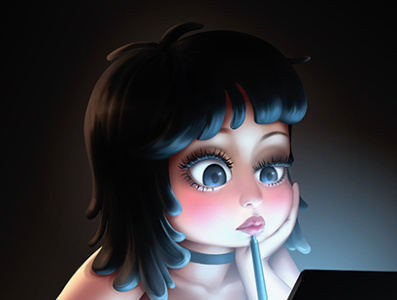 Life of a female artist who's always work late at night. caricature cartoon digital 2d funpen illustration painting
