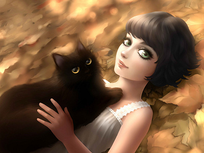 Little black hair girl and her black cat lying in the ground