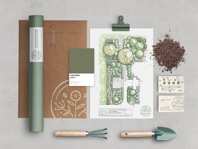 PAISAJISMO & OTRAS YERBAS - Stationery blueprint branding business card design envolope gardening gardening tools graphic design green illustration landscape landscaping logo organic paisajismo pantone recycled paper seed soil vector