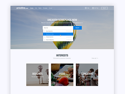 Priceline.com Destination Finder Design adobe xd mockup priceline priceline.com prototype rebrand redesign travel website