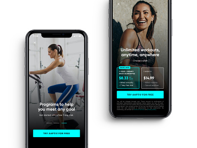 Sales Carousel + Plan Selection aaptiv acquisition app buttons dark ui design fitness free trial gilroy growth ios neon plan selection plans product design subscription visual design workouts