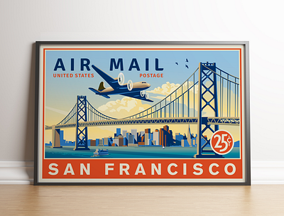 U.S. Airmail San Francisco Full Poster airplane san francisco travel usps vector vector illustration vintage inspired