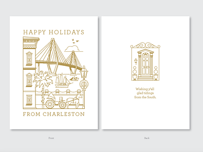 Happy Holidays from Charleston bridge carriage charleston christmas greeting card harbor holiday card illustration line art old building south town travel vector winter wreath