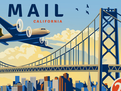 US Postage Air Mail air mail airplane califorina illustration mail oakland bay bridge postage stamp poster retro san francisco travel vintage inspired