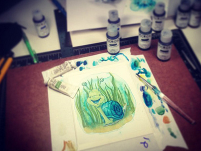 Seymour Snail - painting in progress acrylic austin character character design character development childrens book in progress painting process snail traditional watercolor