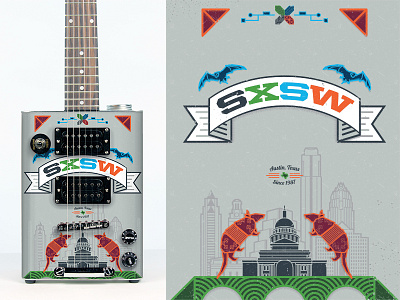 SXSW Bohemian Guitar Wrap Front armadillo austin bats custom design guitar illustration music packaging sxsw tech texas