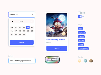 SPPD fan site UI adventure card flat holographic input picker selects switch tags web design