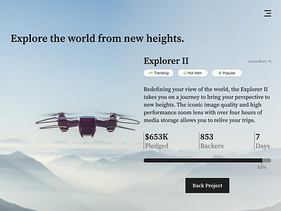 Daily UI Challenge. Day 032/100 campaign campaign design crowdfund crowdfunding crowdfunding campaign daily daily 100 challenge daily ui daily ui challenge drone explore figma flight minimal typography user interface