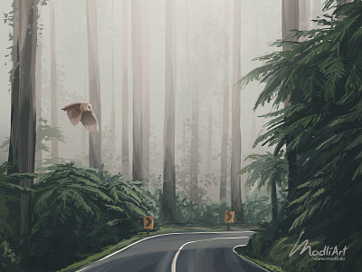 Misty Road art artwork book books cover dreamy forest green illustration journey jungle landscape nature owl painting publishing road selfpublishing trees