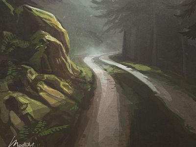 On my way home countryside digital painting forest illustration illustrations landscape mist nature painting road trees woods