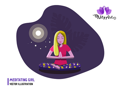Meditating girl sitting in a yoga pose under the moon