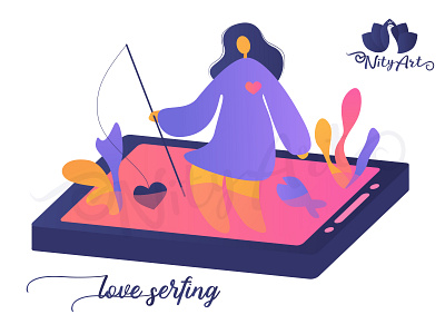 Love serfing art cellphone chat colorful flat art flat design girl heart illustration illustrator internet love nityart design smartphone surrealistic technology vector web web communication woman