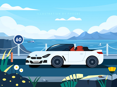car on seaside road adobe illustrator design illustration