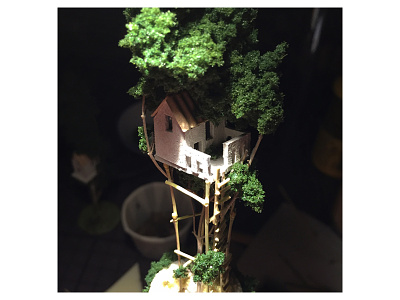 Close up handmade micro matter miniature tree treehouse