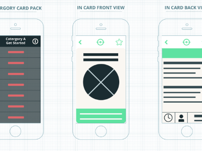 Work in progress wireframes for a card based app