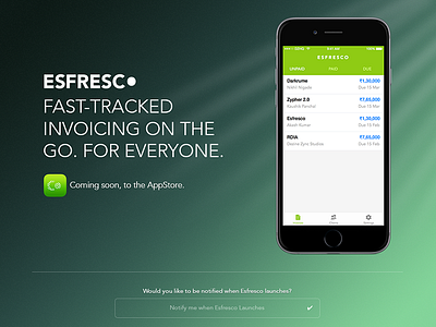 Esfresco - Fast-tracked invoicing on the go. dezinezync esfresco green invoicing landing money pdf web website