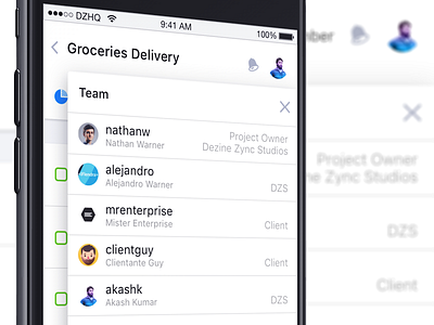 Da Team light list members mobile modal people team users web zypher