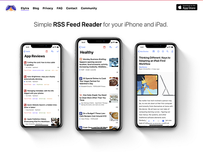 New Landing Page for Elytra design feed fullscreen ios ipad ipad pro iphone iphone x landing layout reader rss screenshots webpage webpage design website