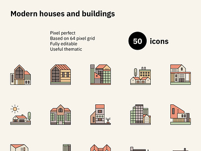 Modern houses and buildings icons buildings design editable graphic houses icons icons pack illustration minimal set vector