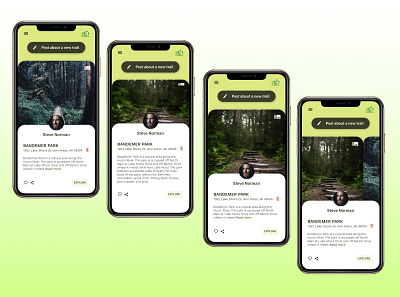 Trail finding application with microinteractions cards flick cards ui daily 100 challenge dailyui gradient illustration mobile mobile ui mockup motion nature pull interaction trail finding