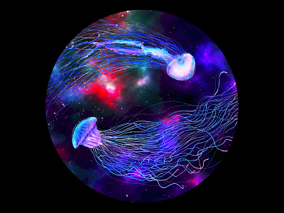 jellyfish in the galaxy abstact aquarium background brending design futuristic galaxy illustration jellyfish medusa neon poster space trendy underwater universe wall art watercolor