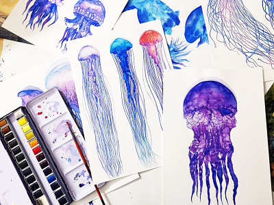 watercolor process, jellyfish art hand drawn handmade illustration jellyfish painting process underwater watercolor watercolor painting watercolour