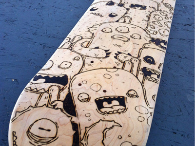 Skateboard Pyrographed custom doodles monster pyrographed samnuts skateboard