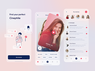 Dating Mobile App app application blur chat cinema dating design figma films interface ios app design matches messages minimal mobile movie playful ui ux web