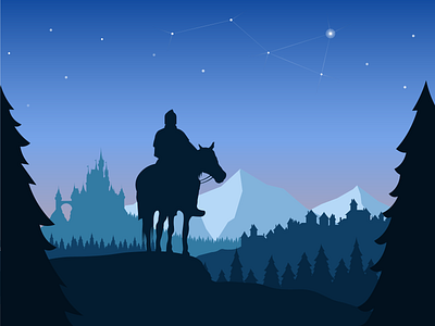 Hero of the land 2d adventure castle character dawn flat illustration forest fortress hero horse illustration illustrator knight landscape landscape illustration medieval mountains nightsky village warrior
