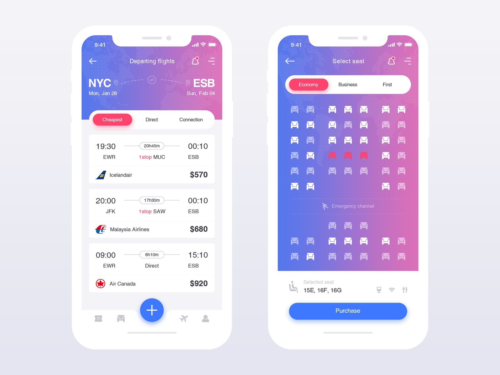 (Select flights & Select seat) for flight booking app by SimaYip on