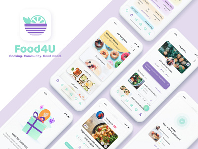 Recipe App Concept | Food4U app app ui clean community cook cooking figma gradient green illustration mobile mobile app purple recipe app tasty ui design