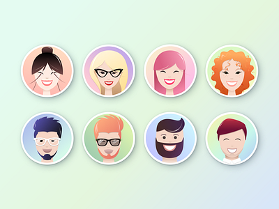 Set of avatars with smiling faces account adobe adobe illustrator avatar face faces figma flat flat design gradient hairstyle happy icon icon set illustration man ui ui design vector woman