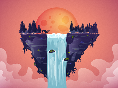 Floating Land clouds crater deer drinking float floating floating island forest island land moon mountain oranger purple rocks shades sun trees water waterfall