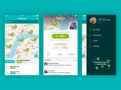 WifiMapper iOS App account connected favourite hotspot icons ios list map pinpoint search sidebar wifi