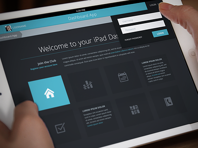 Flat iPad Tablet App & Dashboard - Home Screen app blue dark dashboard flat ios ipad ipad app joel ferrell psd