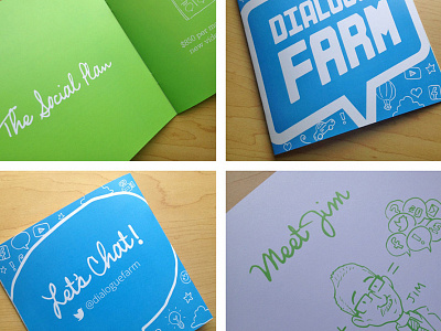 Dialogue Farm Booklet booklet bright cursive digital printing doodles friendly illustration paper print promo