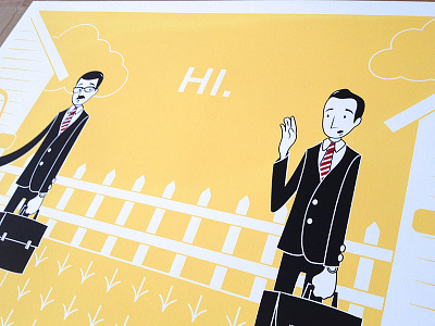 Nebraska Appleseed Poster: "Hi" businessman community development fence illustration men neighbors poster screen print yellow