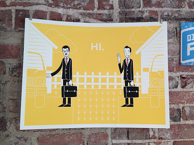 Nebraska Appleseed Poster: "Hi" businessman community development fence illustration men neighbors poster screen print yellow
