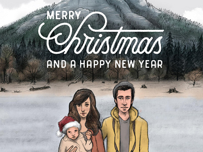 Detail of Fredrickson Christmas Card apple pencil card christmas family illustration landscape lettering portrait procreate washington