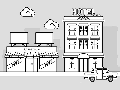 Street illustration black bold buying cash city clouds greyscale hotel life lines old cab shop simple store taxi taxicab white