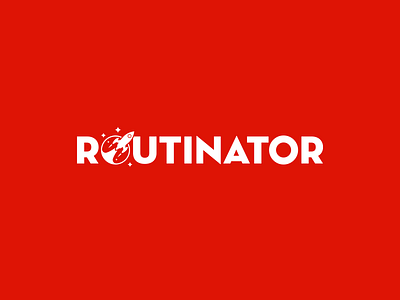 ROUTINATOR Wordmark branding icon illustration logo minimal red rocket space stars type typography white wordmark