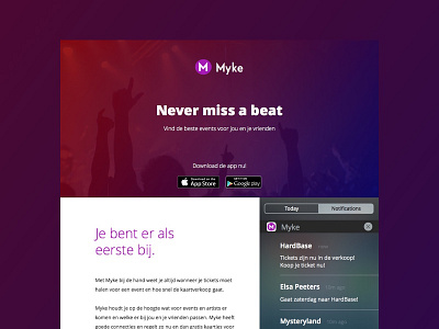 Myke app design events festivals going out landingpage lean pivot testing uitgaan